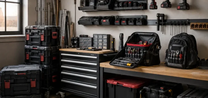 Editorial illustration: workshop tool cabinets, tool cases and wall storage.