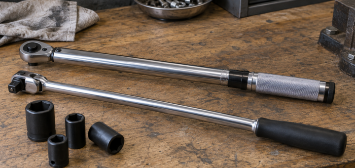 AI-generated editorial illustration of torque wrench and breaker bar