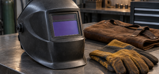 AI-generated editorial illustration of welding helmet.
