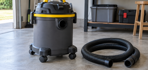 Editorial illustration: wet-dry shop vacuum with a wide flexible hose.