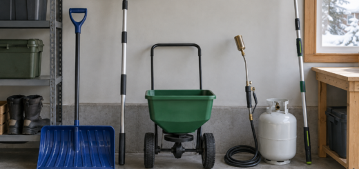 AI-generated editorial illustration of winter yard maintenance tools