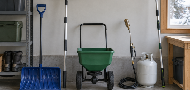 AI-generated editorial illustration of winter yard maintenance tools