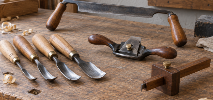 AI-generated editorial illustration of wood carving gouges and drawknife