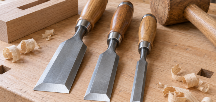 AI-generated editorial illustration of woodworking bench chisels, a wooden mallet and a mortise sample.