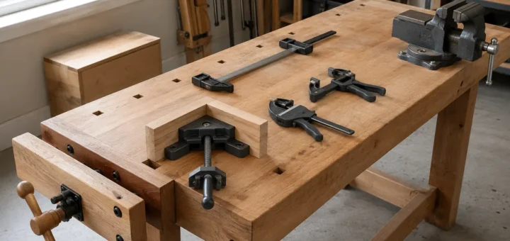 Editorial illustration: woodworking clamps and bench vise on a workbench.