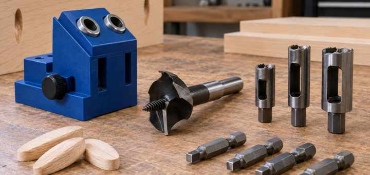AI-generated editorial illustration of wood drilling and pocket hole accessories