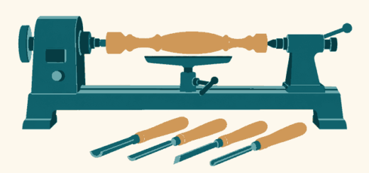 Editorial illustration: woodworking lathe with woodturning chisels, switched off.