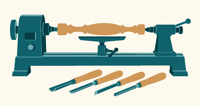 Editorial illustration: woodworking lathe with woodturning chisels, switched off.