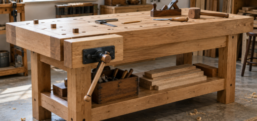 AI-generated editorial illustration of wood workbench