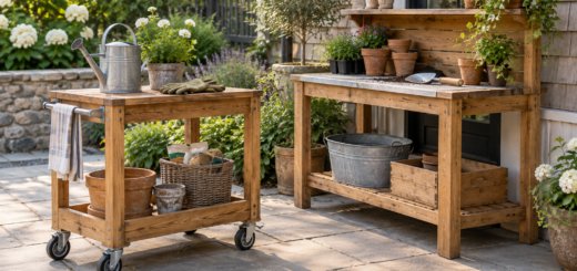 AI-generated editorial illustration of wooden cart and potting bench
