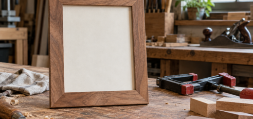 AI-generated editorial illustration of wooden picture frame