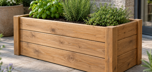 AI-generated editorial illustration of wooden planter.