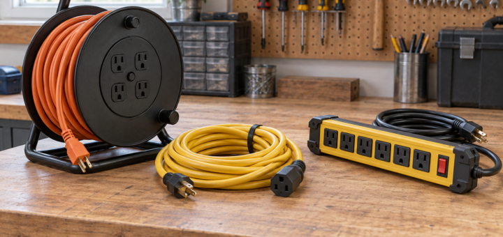 AI-generated editorial illustration of workshop cord management
