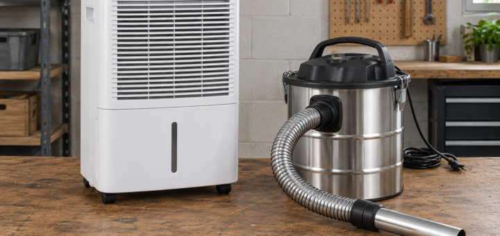 AI-generated editorial illustration of workshop dehumidifier and ash vacuum