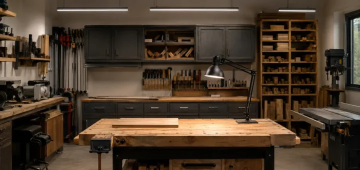 Editorial illustration: overhead lights illuminating a woodworking workshop.