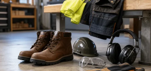 Editorial illustration: work boots, safety glasses, hearing protection, gloves and high-visibility workwear.