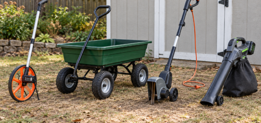 AI-generated editorial illustration of yard measuring wheel cart and corded edger