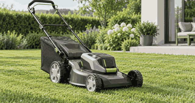 Walk-behind lawn mower on a green lawn