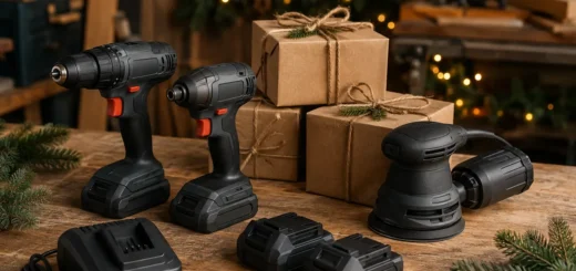 Drill, impact driver and sander beside spare batteries, a charger and wrapped holiday gifts on a workbench