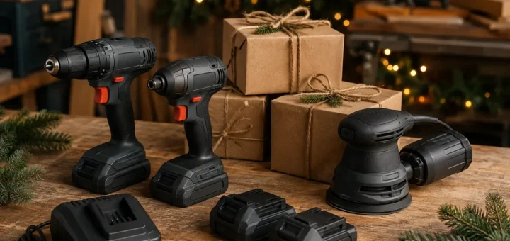 Drill, impact driver and sander beside spare batteries, a charger and wrapped holiday gifts on a workbench