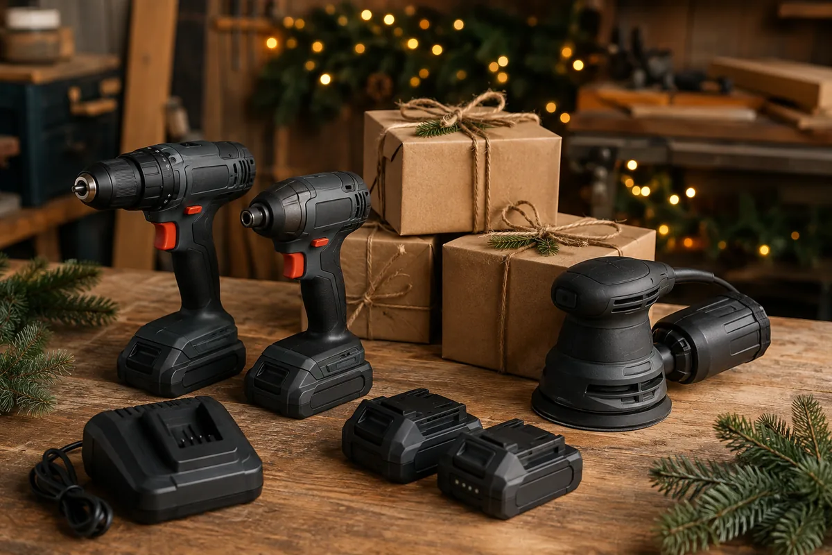 Drill, impact driver and sander beside spare batteries, a charger and wrapped holiday gifts on a workbench