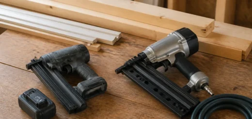 Cordless brad nailer and pneumatic framing nailer beside trim, lumber, a battery and an air hose