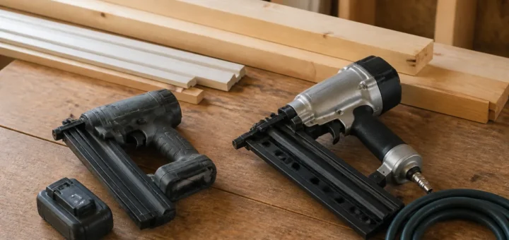 Cordless brad nailer and pneumatic framing nailer beside trim, lumber, a battery and an air hose