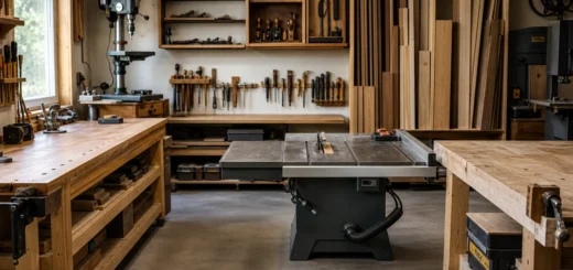 Stationary table saw between wooden workbenches in an organized woodworking shop