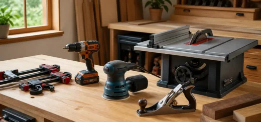 Compact table saw, cordless drill, orbital sander, clamps and hand plane on a woodworking bench