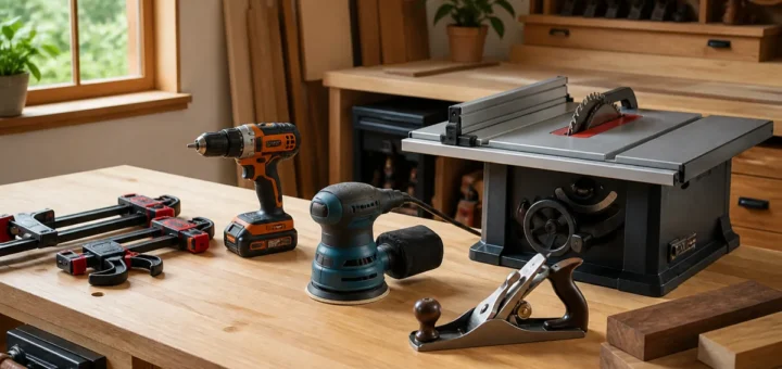 Compact table saw, cordless drill, orbital sander, clamps and hand plane on a woodworking bench